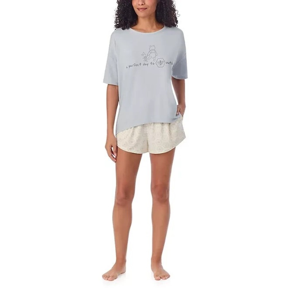 Disney Winnie The Pooh 2-Piece Short Pajama Set Blue Cream Womens XS
